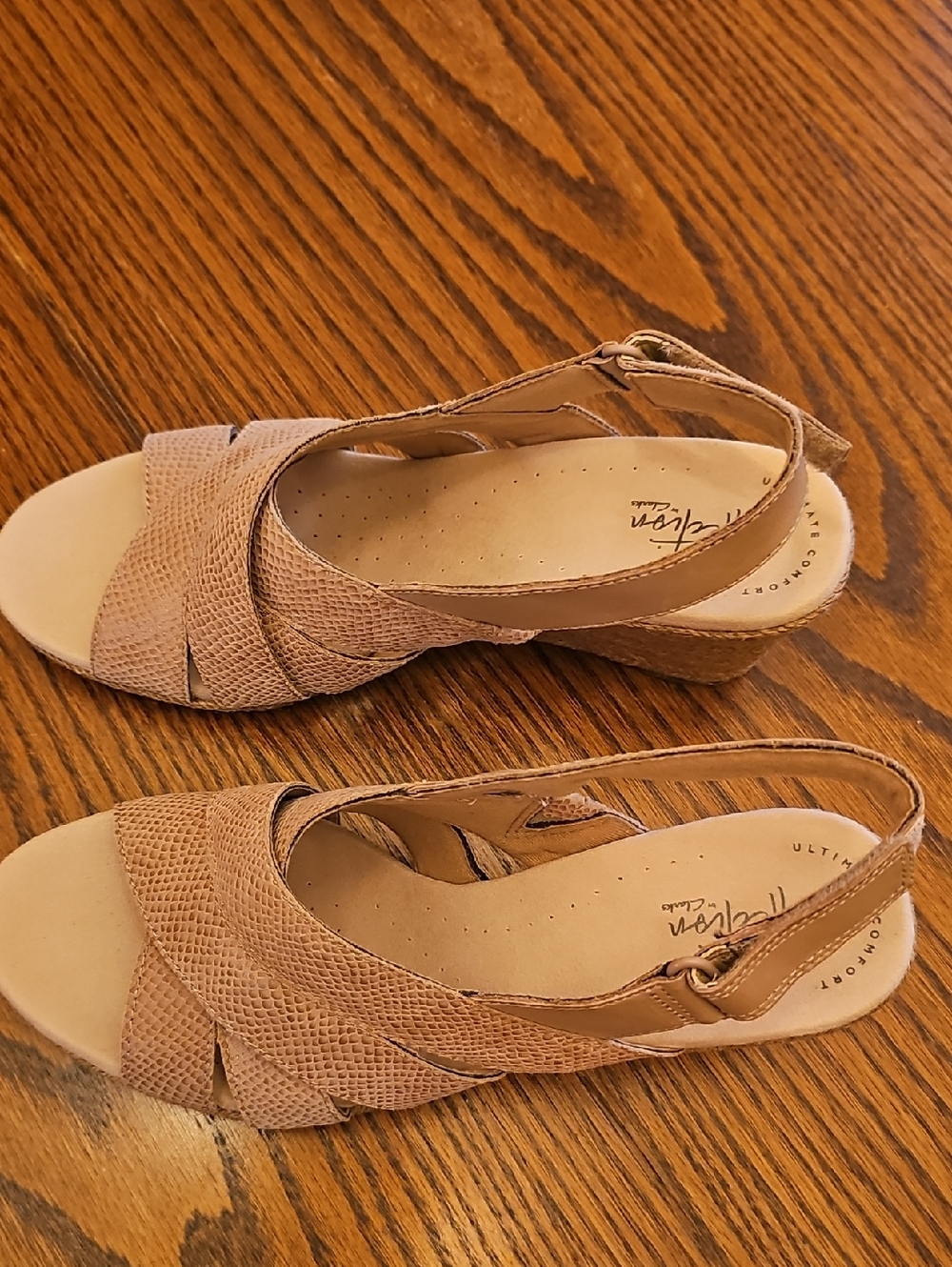 Clarks Tan Textured Slingback Wedge Sandals